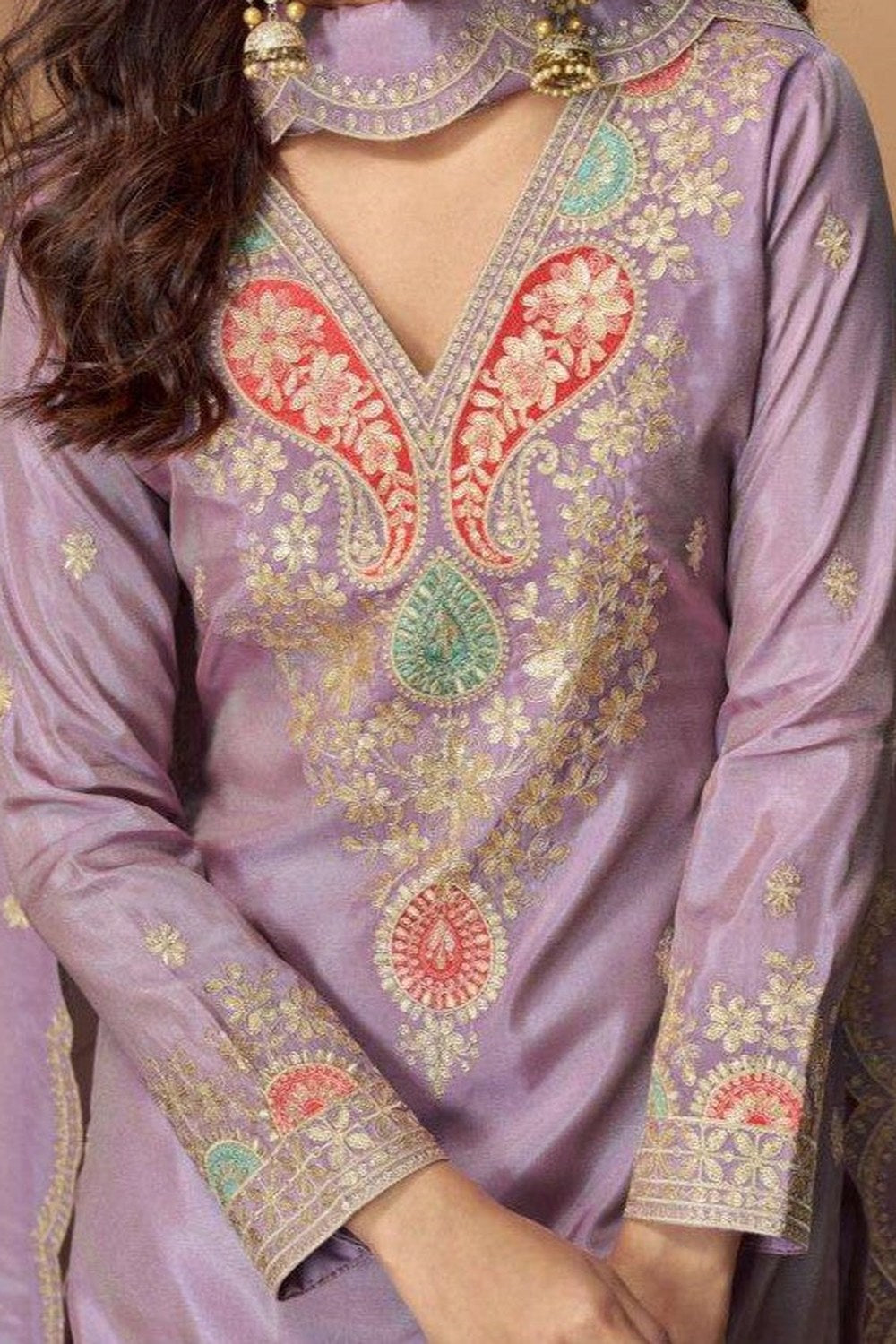 Lavender Simmer Silk Indian Palazzo Suits Online - Thread & Sequins - hem and footwear detail