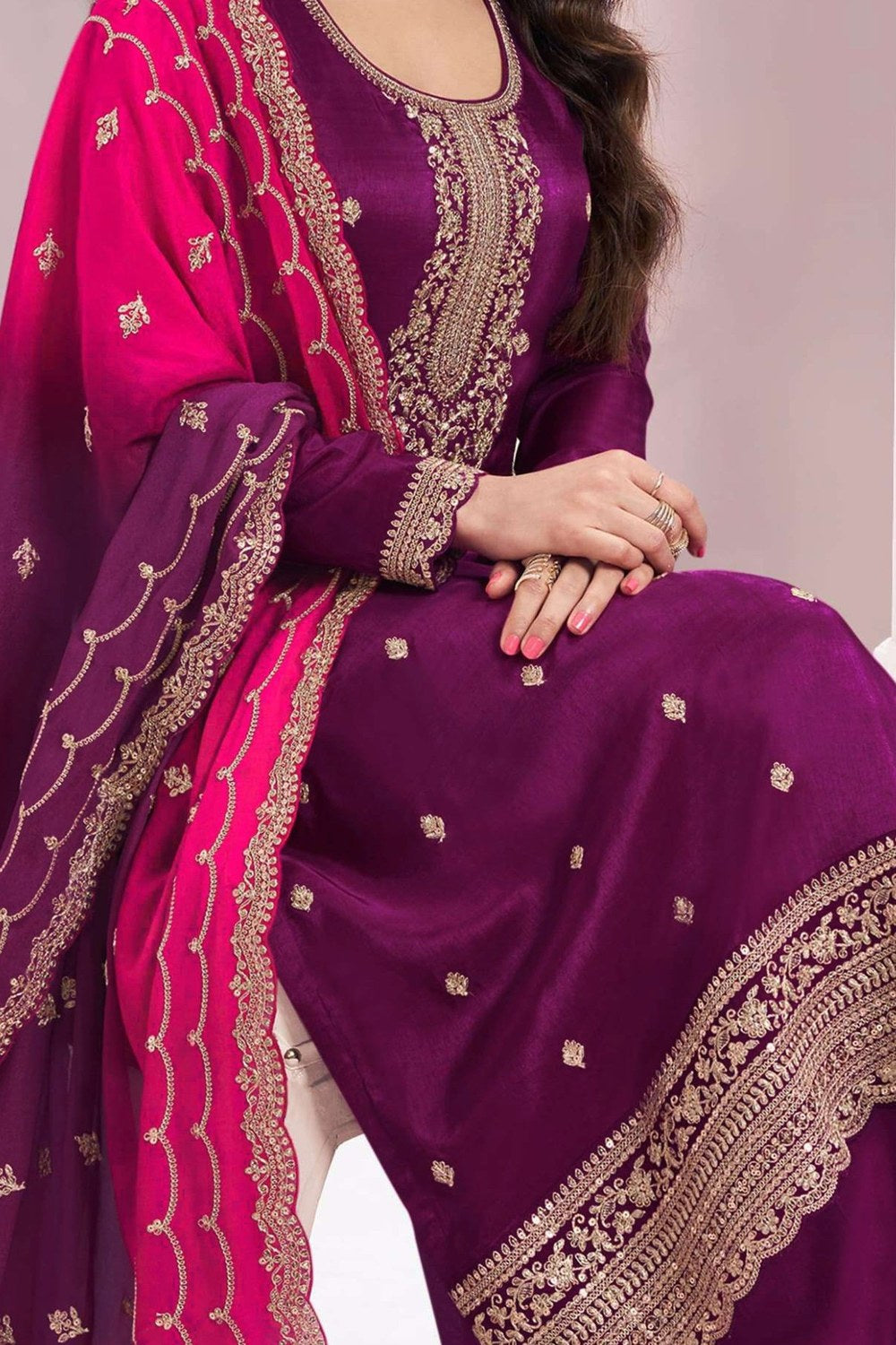 Purple Silk Georgette Sangeet Plazo Suit for Traditional Pakistani Clothes - Embroidery Work - hem and footwear detail