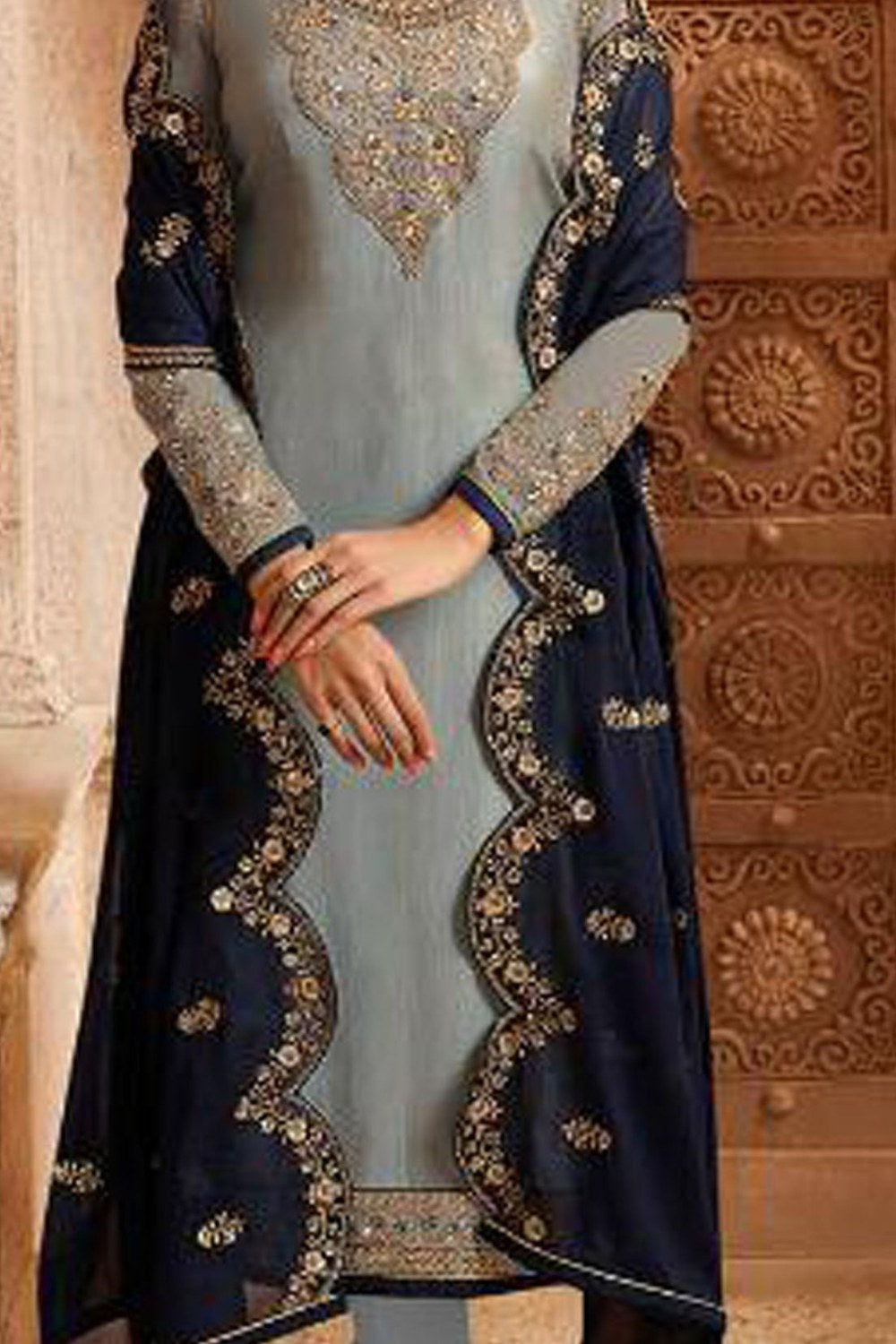 Light Gray Satin Georgette Kameez With Chuddidar For Wedding & Festival - Embroidery Work RTS - detail view