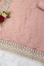Light Pink Organza Silk Kameez With Pant For Indian & Pakistani Wedding Festival - Embroidery Work - hem and footwear detail