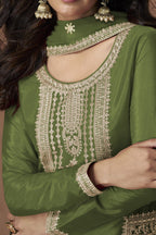 Olive Green Chinon Silk Plazo Suit For Indian & Pakistani Wedding Festival - Embroidery Work - hem and footwear detail
