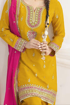Golden Chinon Silk Farshi Salwar Kameez For Indian & Pakistani Wedding Festival - Real Mirror Work, Sequence Embroidery Work, Dori Work - hem and footwear detail