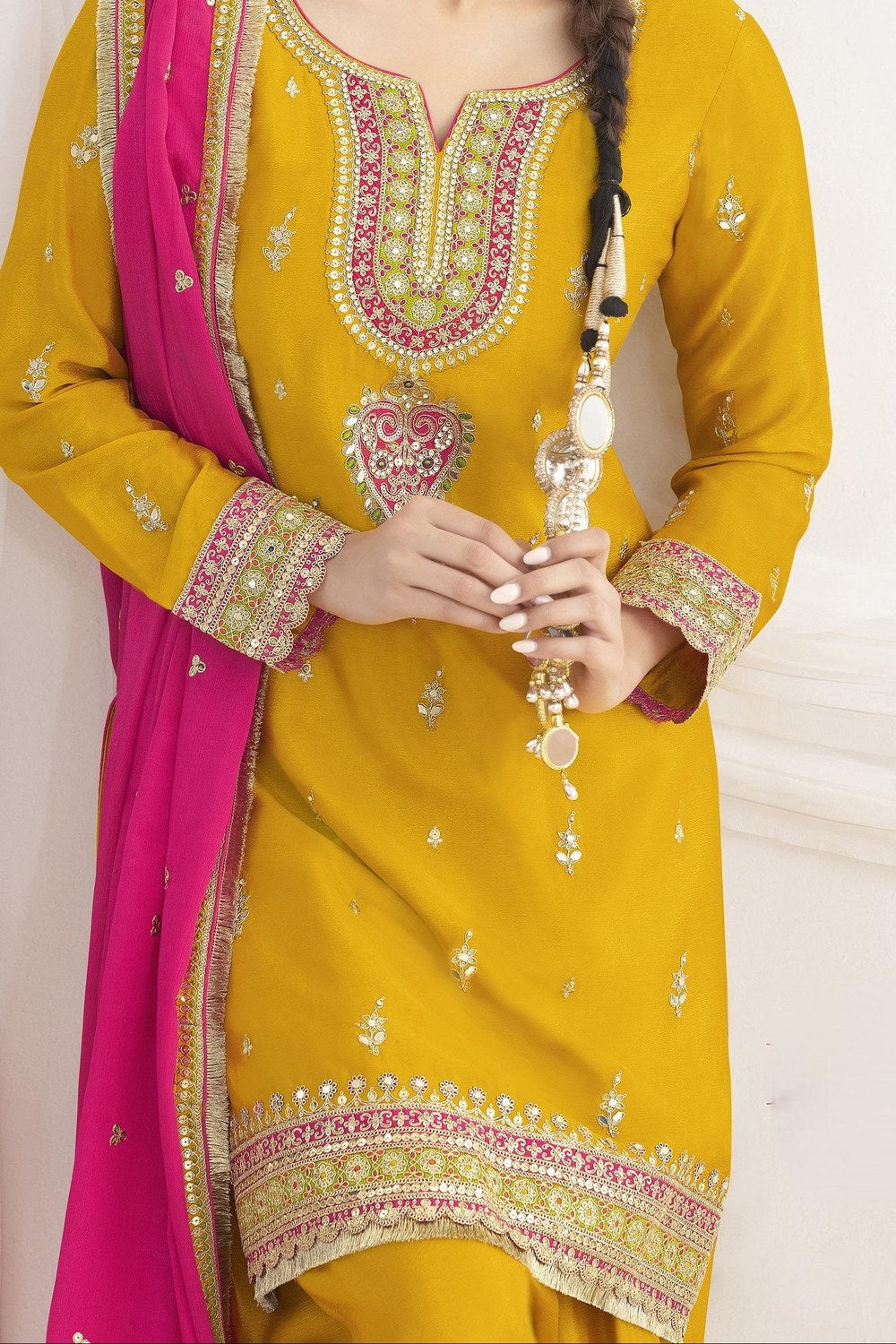 Golden Chinon Silk Farshi Salwar Kameez For Indian & Pakistani Wedding Festival - Real Mirror Work, Sequence Embroidery Work, Dori Work - hem and footwear detail