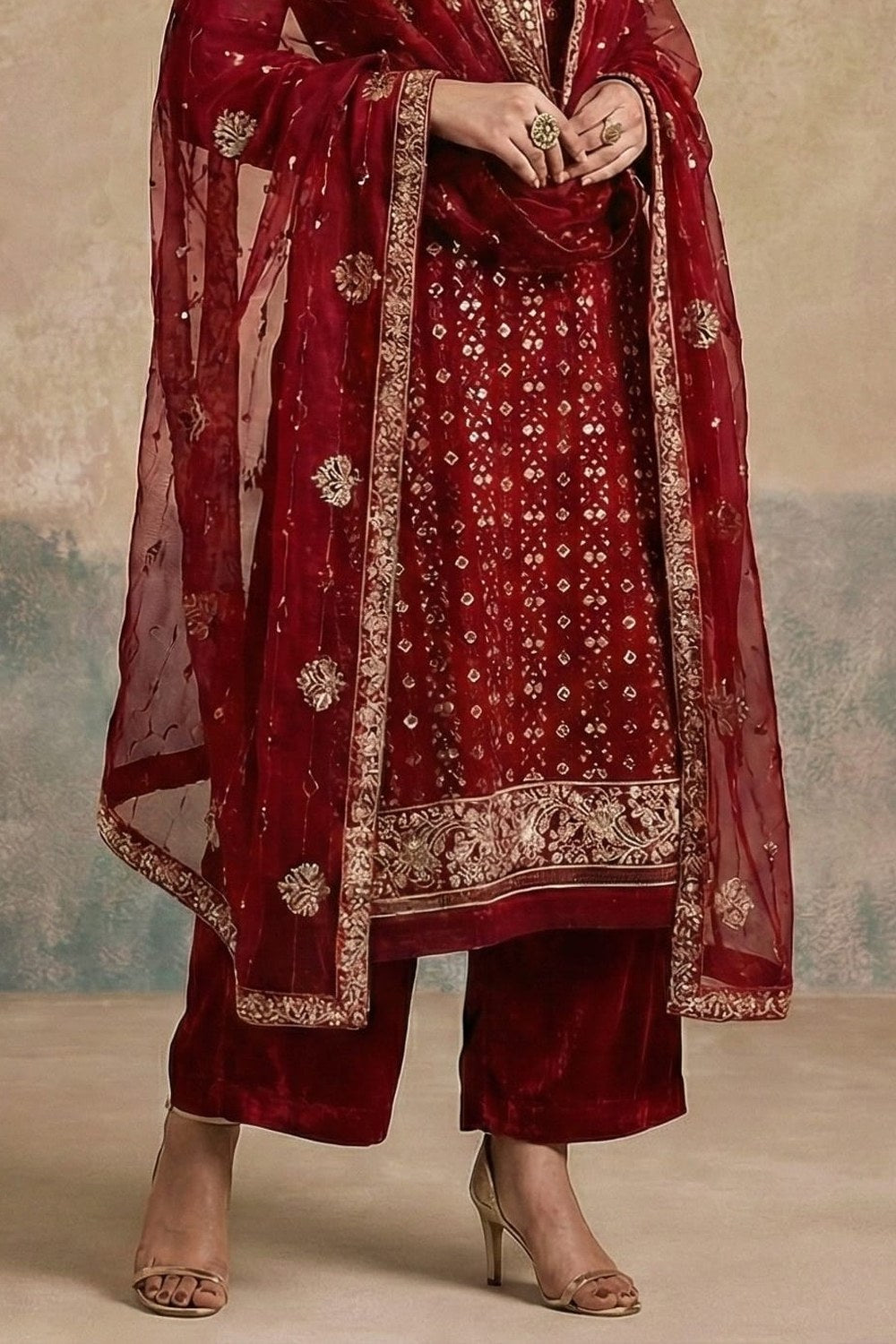 Red Georgette Kameez with Pant – Embroidered Ready-to-Wear Set - hem and footwear detail