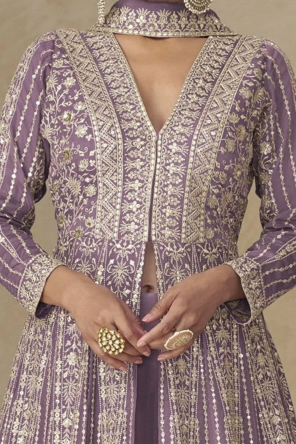 Purple Chinon Silk Anarkali Suit With Palazzo For Indian & Pakistani Wedding Festival - Sequins & Thread Embroidery Work - hem and footwear detail