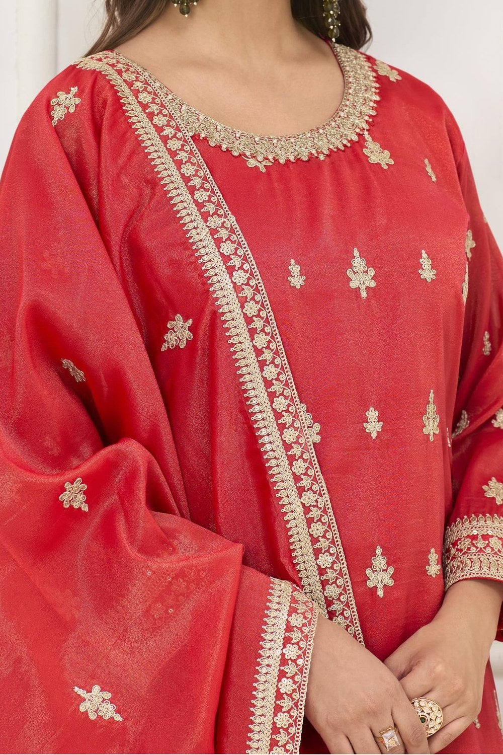 Orange Red Embroidered Palazzo Set in Simmer Silk - hem and footwear detail