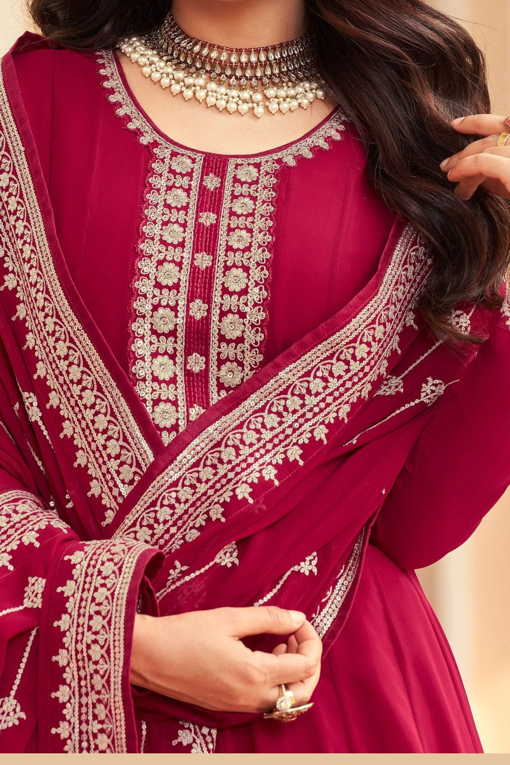 Red Georgette Anarkali Wedding Gown India - Embroidery Work - hem and footwear detail