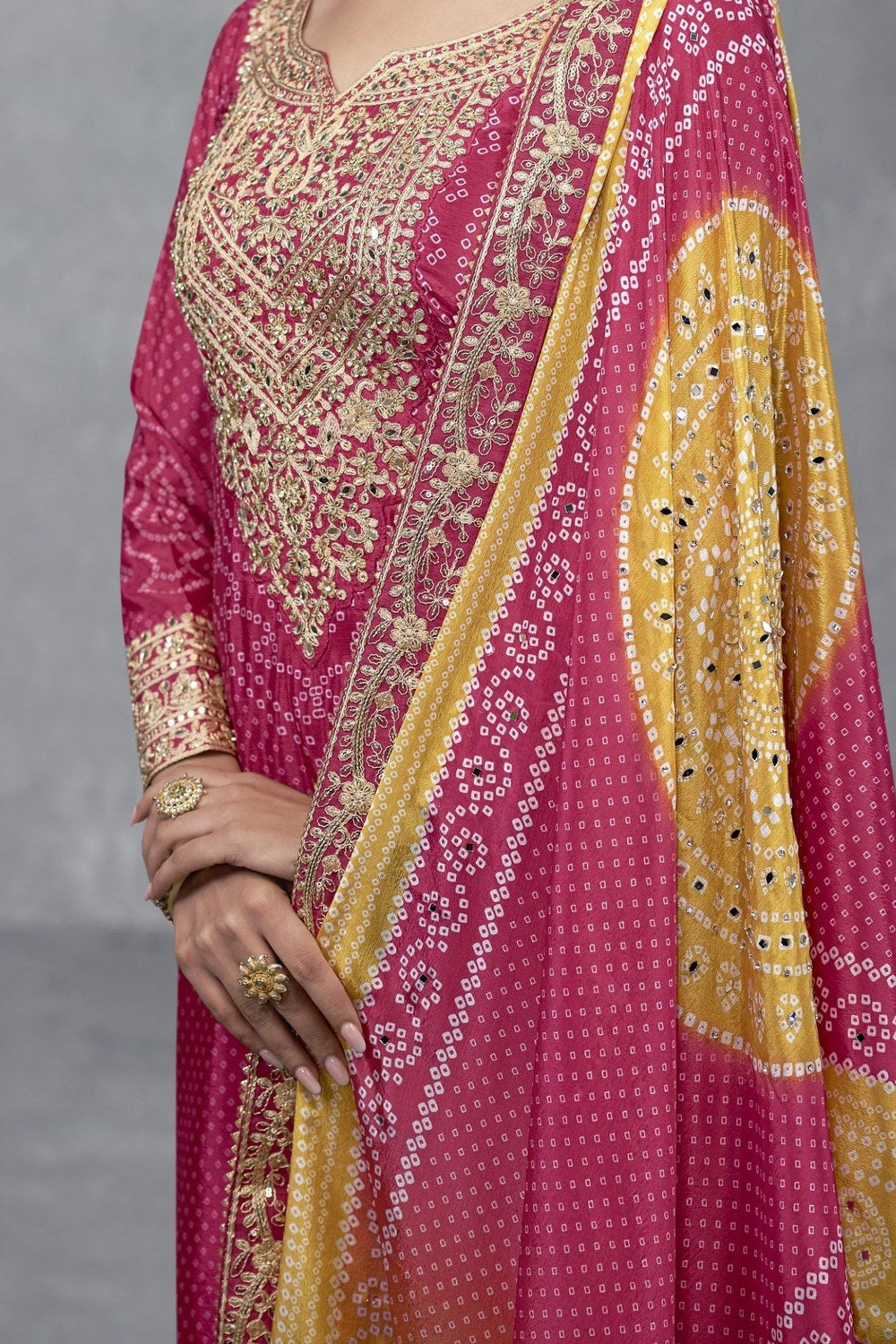 Pink Chinon Silk Bandhani Style Patter Palazzo Suit For Indian Festivals & Weddings - Embroidery Work, Mirror Work, Print Work - hem and footwear detail