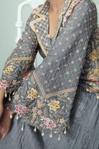 Grey Chinon Silk Kameez With Skirt For Indian & Pakistani Wedding Festival - Thread Embroidery Work, Real Mirror Work, Dori Work - hem and footwear detail