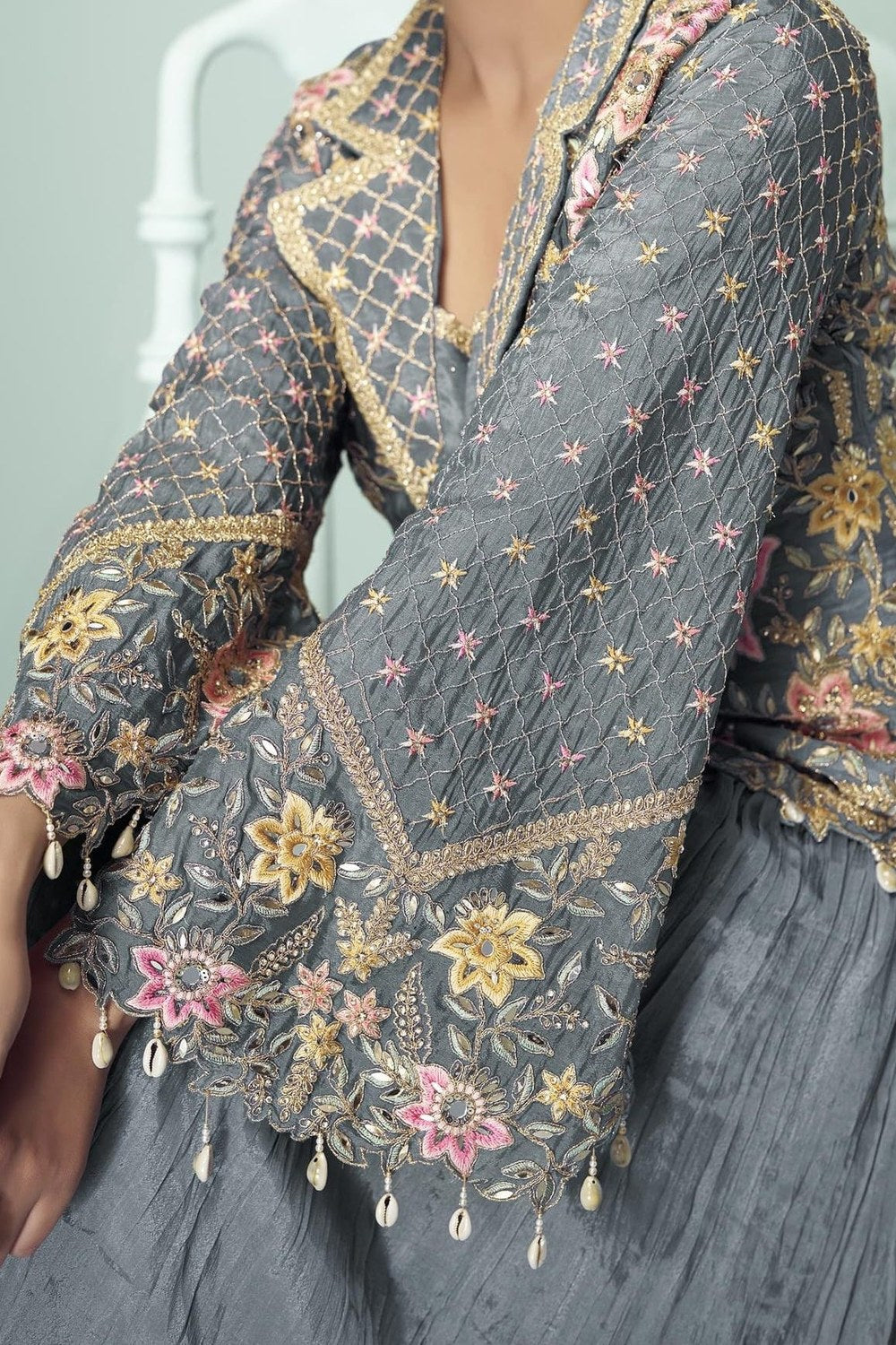 Grey Chinon Silk Kameez With Skirt For Indian & Pakistani Wedding Festival - Thread Embroidery Work, Real Mirror Work, Dori Work - hem and footwear detail
