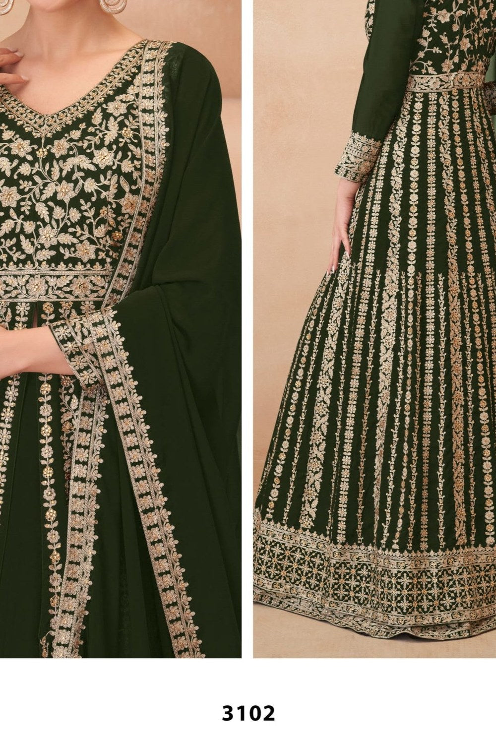 Green Georgette Anarkali Suit With Front Slit For Indian & Pakistani Wedding Festival - Embroidery Work - hem and footwear detail