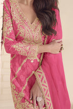 Pink Chinon Silk Kameez With Palazzo Suit For Indian & Pakistani Wedding Festival - Print Work, Thread & Sequence Embroidery - hem and footwear detail