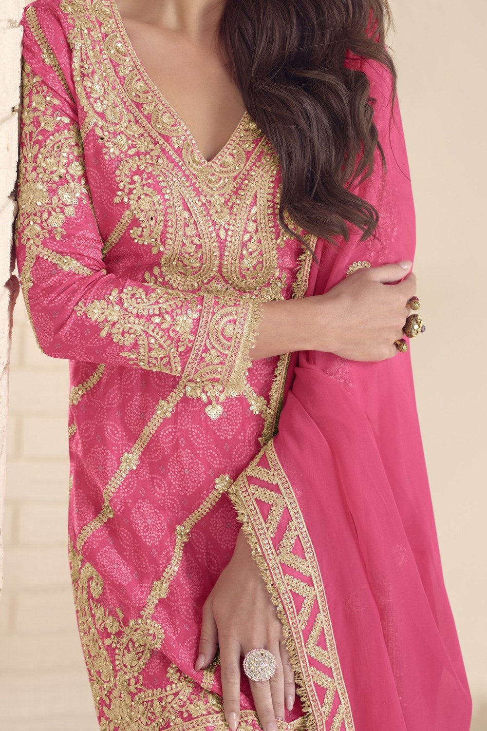 Pink Chinon Silk Kameez With Palazzo Suit For Indian & Pakistani Wedding Festival - Print Work, Thread & Sequence Embroidery - hem and footwear detail