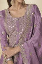 Lilac Simmer Silk Long Kameez with Plazo - Embroidery Work - hem and footwear detail