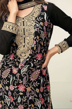 Black Chinon Silk Plazo Suit For Indian & Pakistani Wedding Festival - Embroidery Work - hem and footwear detail