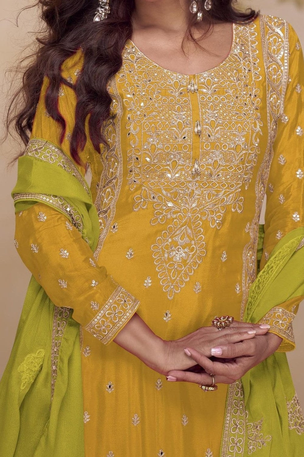 Yellow Chinon Silk Palazzo Dress For Indian & Pakistani Wedding Festival - Thread & Sequins Embroidery Work - hem and footwear detail