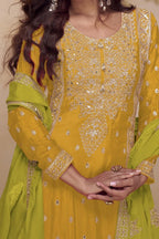 Yellow Chinon Silk Palazzo Dress For Indian & Pakistani Wedding Festival - Thread & Sequins Embroidery Work - hem and footwear detail