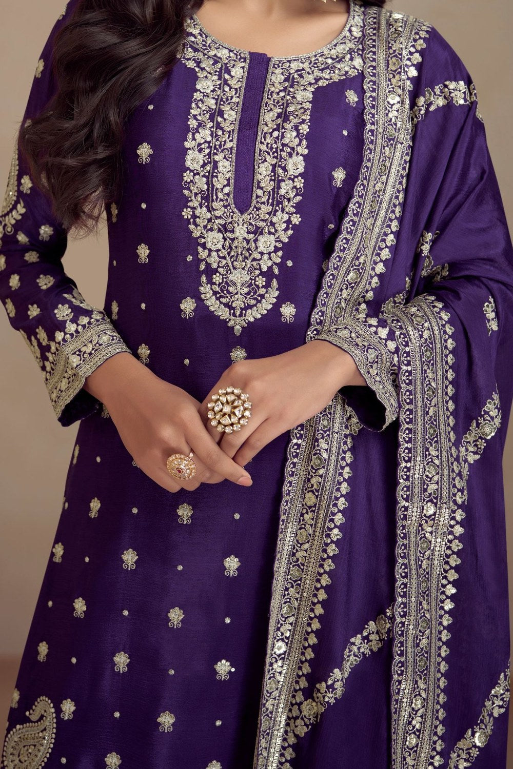 Purple Chinon Silk Plazo Suit - Embroidery Work - hem and footwear detail