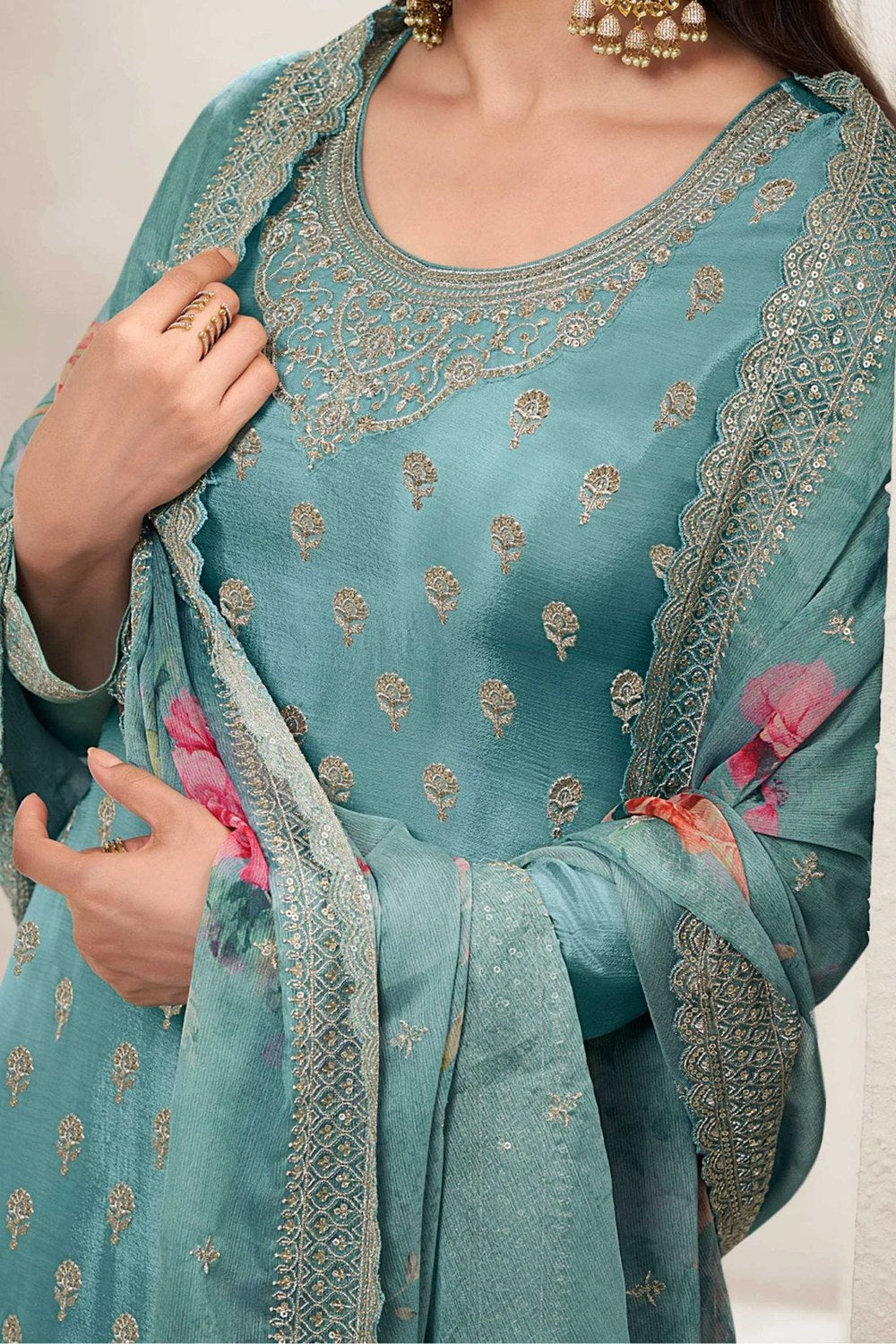 Light Green Chinon Silk Palazzo Suit For Indian Festivals & Pakistani Plazo Weddings Dress - Embroidery Work, Print Work - hem and footwear detail