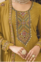 Dusty Yellow Georgette Kameez with Pant For Indian Suit Festivals & Pakistani Weddings - Embroidery Work - hem and footwear detail
