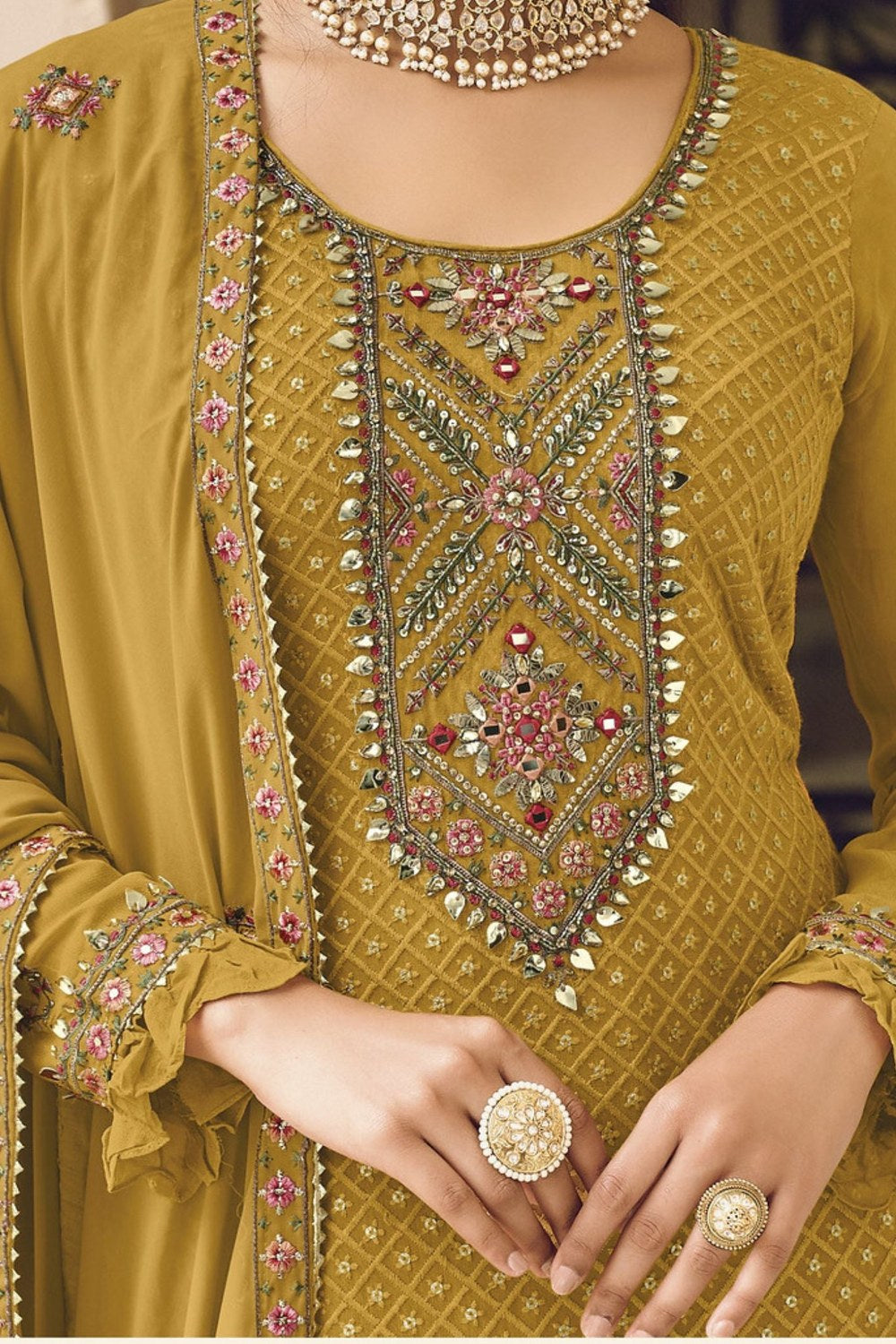 Dusty Yellow Georgette Kameez with Pant For Indian Suit Festivals & Pakistani Weddings - Embroidery Work - hem and footwear detail