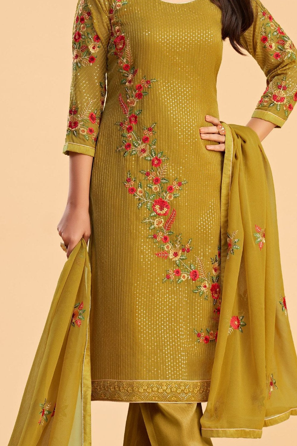 Yellow Georgette Kameez with Pant For Ladies Indian Festivals & Weddings - Sequence Embroidery Work, Thread Embroidery Work, Zari Work - detail view