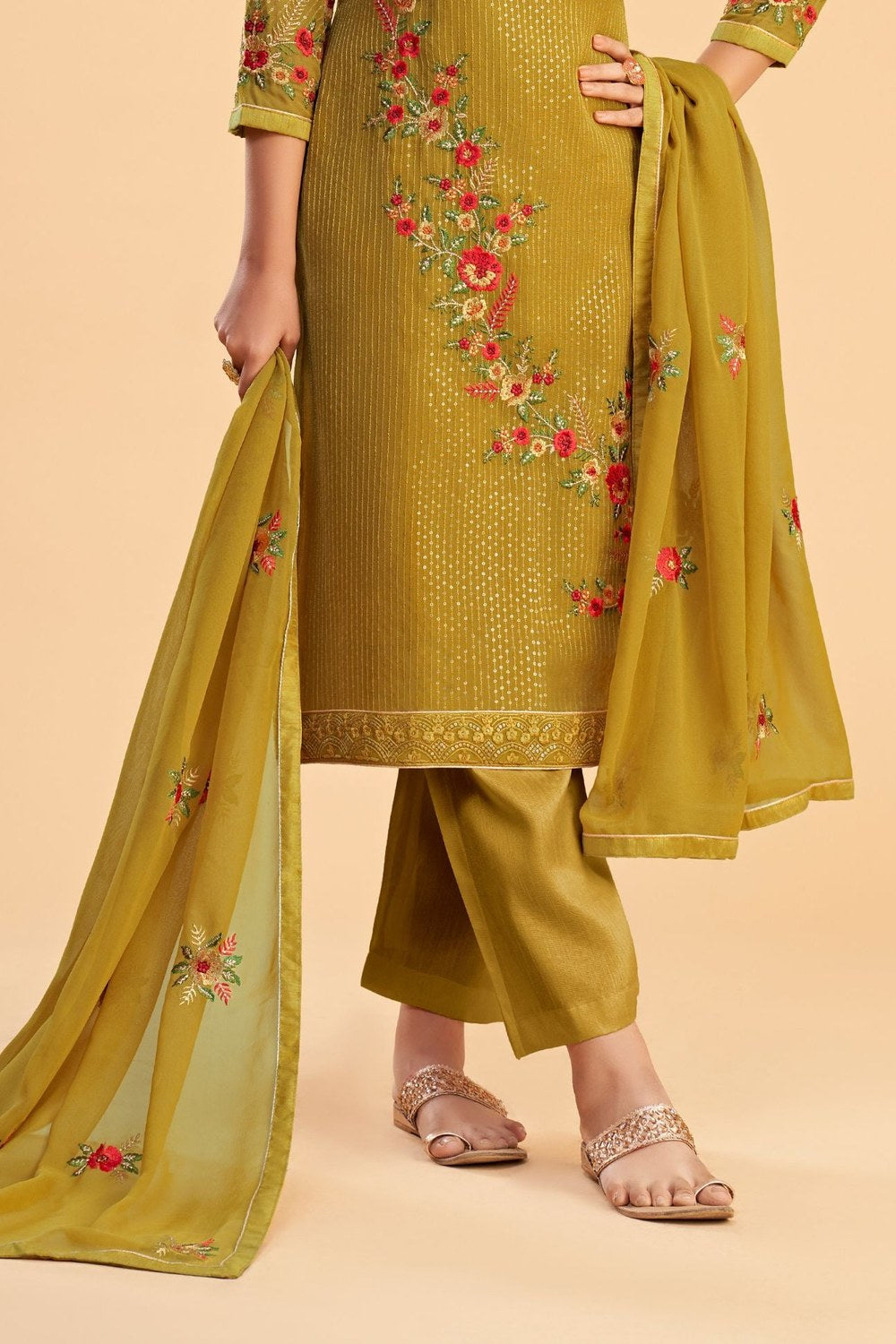 Yellow Georgette Kameez with Pant For Ladies Indian Festivals & Weddings - Sequence Embroidery Work, Thread Embroidery Work, Zari Work - hem and footwear detail