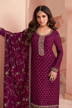 Maroon Silk Kameez with Pant Suit For Indian Festivals & Weddings - Thread Embroidery Work - close-up view