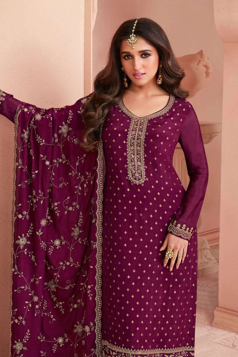 Maroon Silk Kameez with Pant Suit For Indian Festivals & Weddings - Thread Embroidery Work - close-up view