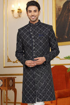 Black Art Silk Indo Western Traditional Sherwani Long Kurta & Pant Suit for Men for Wedding - Embroidery Work - close-up view