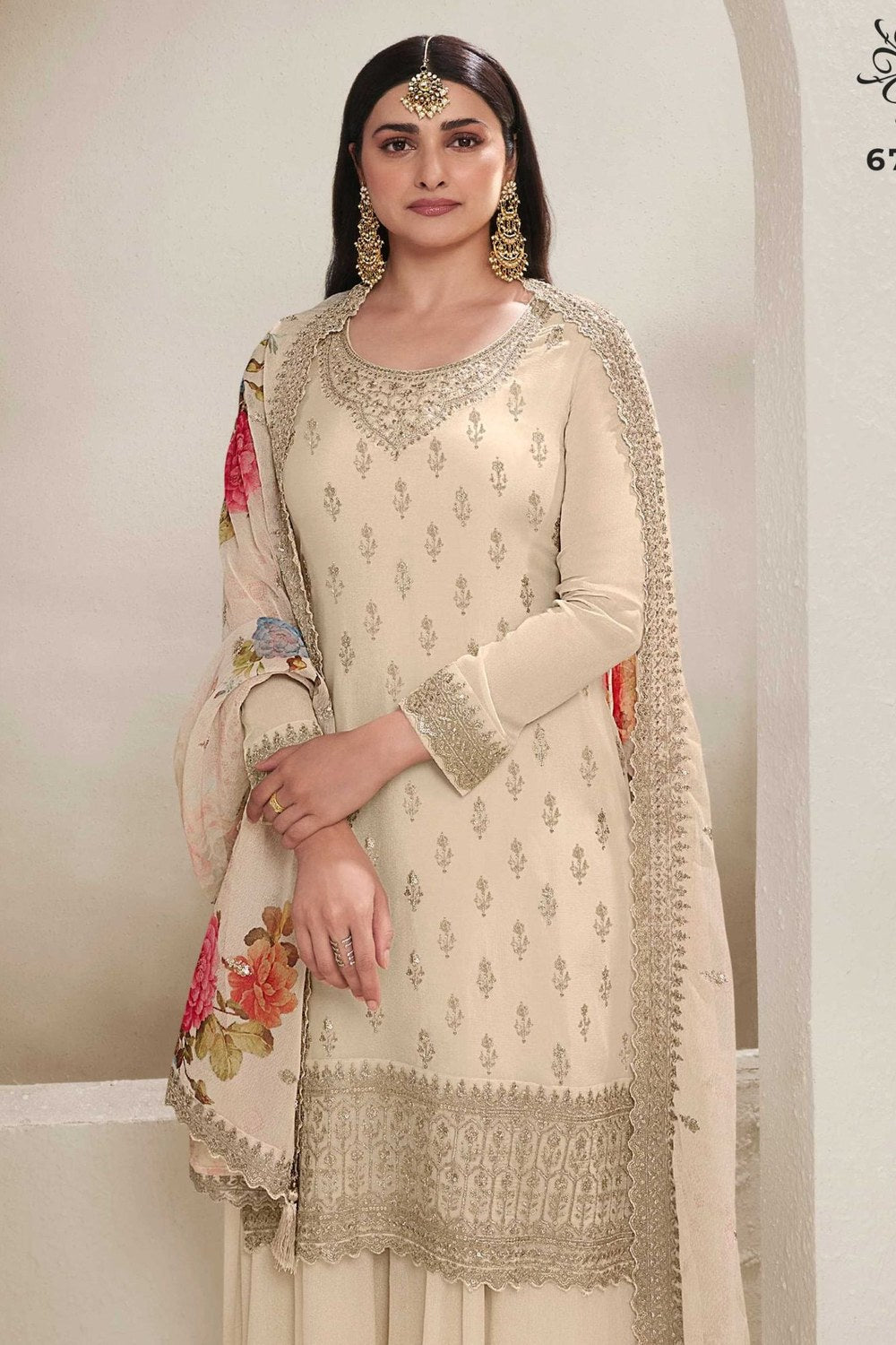 Cream Chinon Silk Palazzo Suit For Indian Festivals & Pakistani Plazo Weddings Dress - Embroidery Work, Print Work - close-up view
