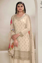 Cream Chinon Silk Palazzo Suit For Indian Festivals & Pakistani Plazo Weddings Dress - Embroidery Work, Print Work - close-up view