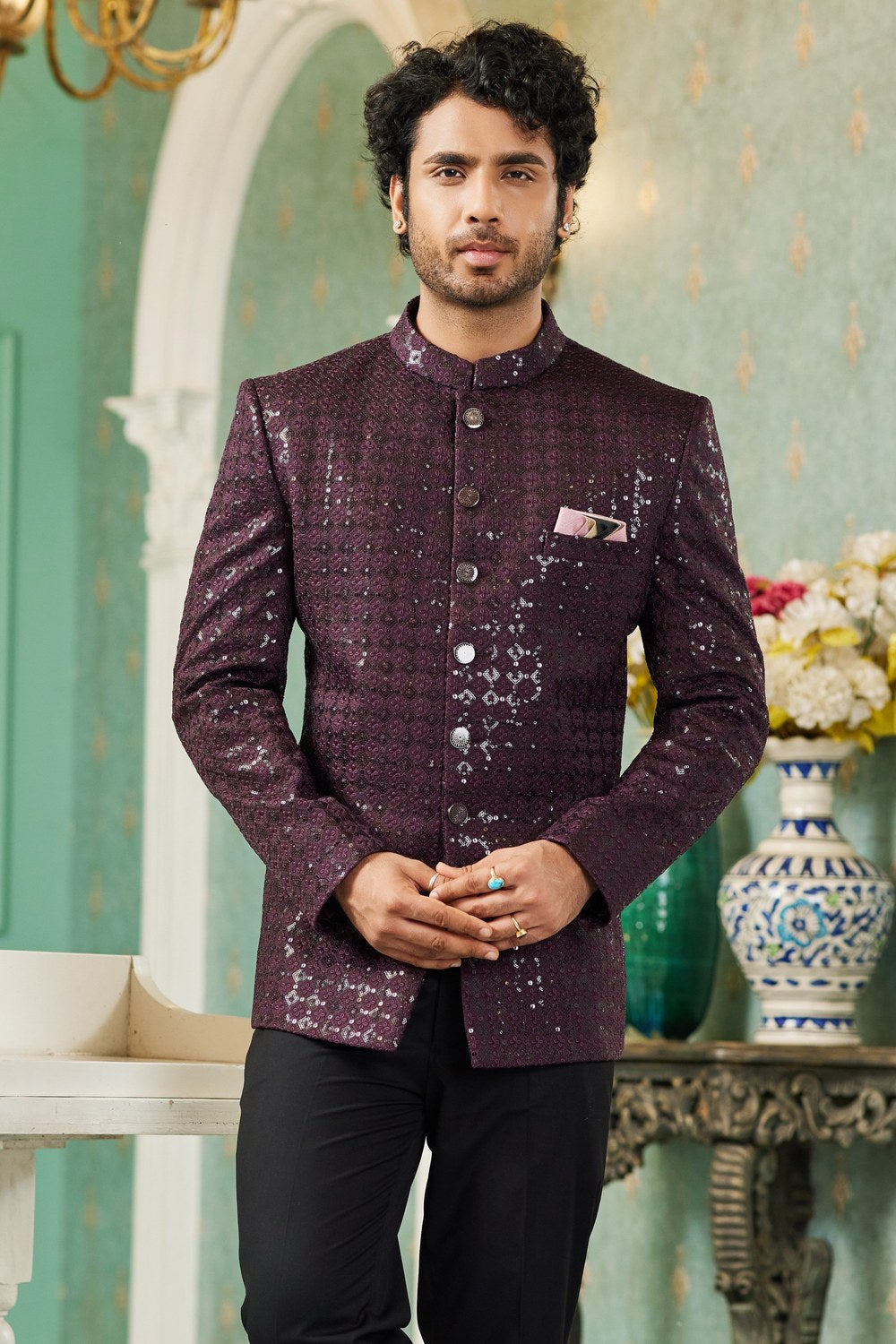 Wine Art Silk Traditional Jodhpuri Suits with Pant for Men for Wedding - Thread Embroidery Work - close-up view
