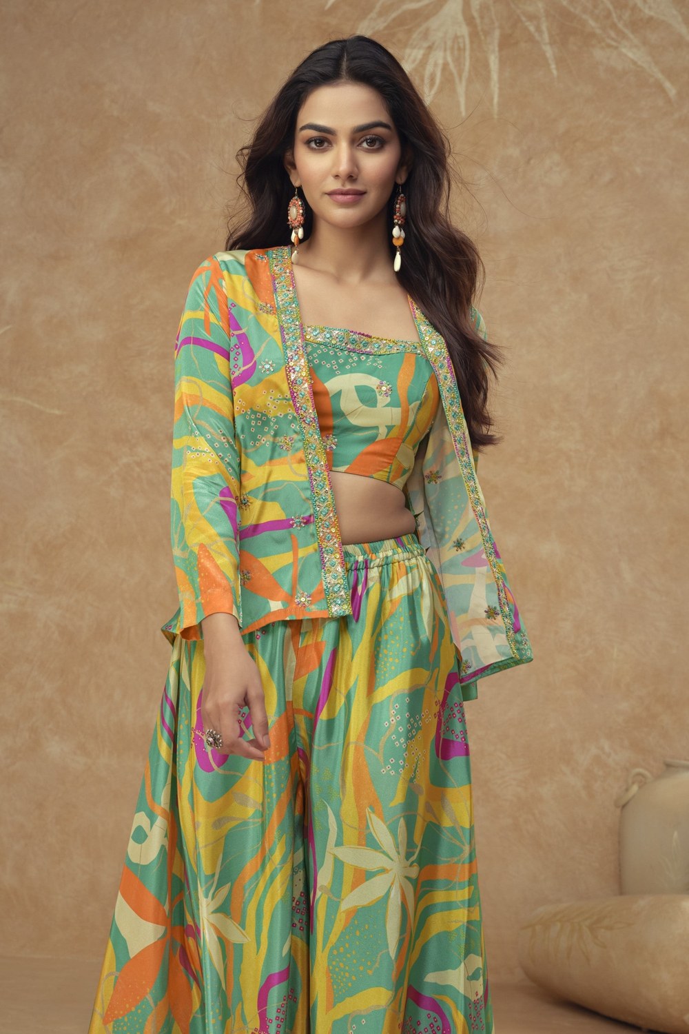 Green Chinon Silk Plazo Choli With Jacket For Indian & Pakistani Wedding Festival - Embroidery Work, Print Work - close-up view