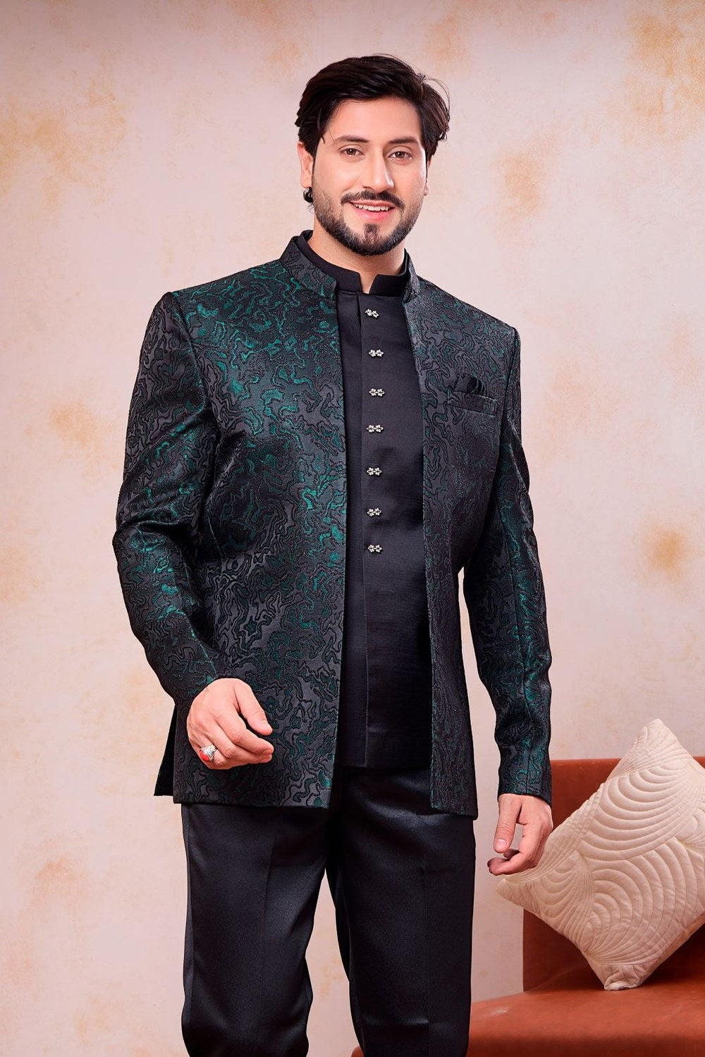 Teal Black 3 Piece Jodhpuri Suit, Jacket & Pant - Traditional Indian Outfit Men - close-up view