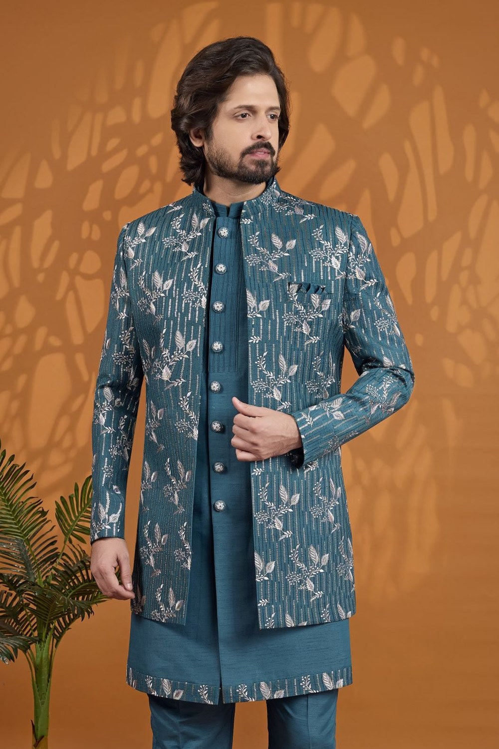 Teal Blue Art Silk 3 Piece Sherwani for Men Wedding with Thread Work - close-up view