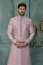 Pale Purple Sherwani Style Kurta and Pajama for Mens - Thread Embroidery - close-up view