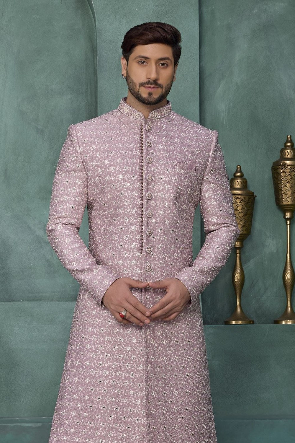 Pale Purple Sherwani Style Kurta and Pajama for Mens - Thread Embroidery - close-up view