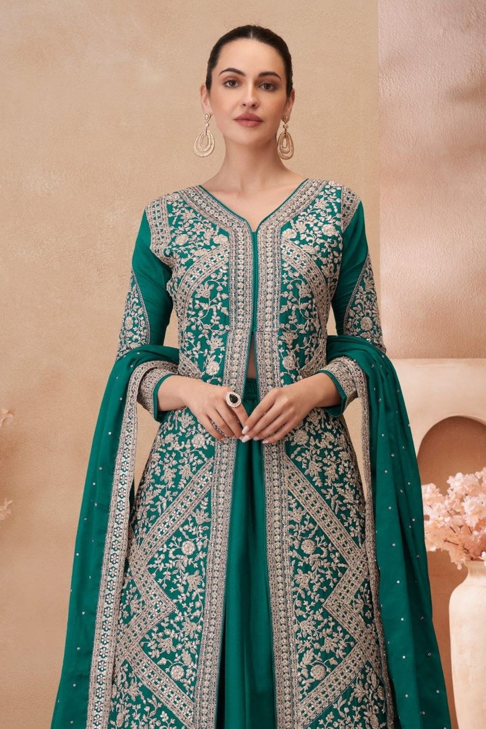 Teal Chinon Silk Kameez With Skirt For Indian & Pakistani Wedding Festival - Embroidery Work - close-up view