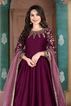 Plum Chinon Silk Anarkali Indian Party Wear Dresses with Thread Embroidery - close-up view