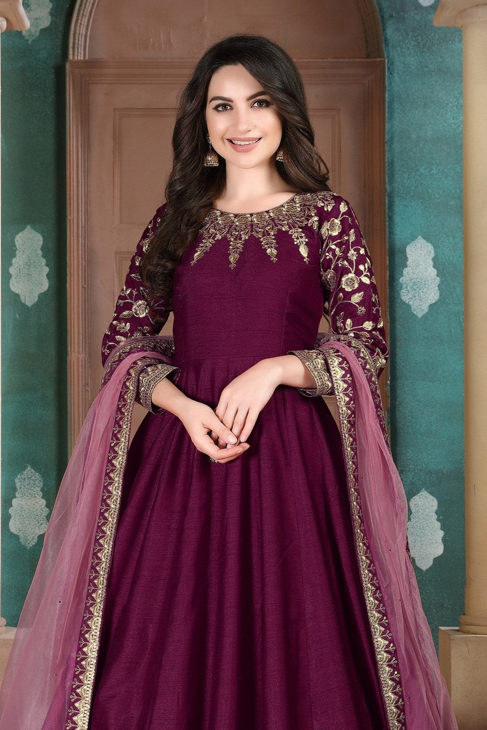Plum Chinon Silk Anarkali Indian Party Wear Dresses with Thread Embroidery - close-up view