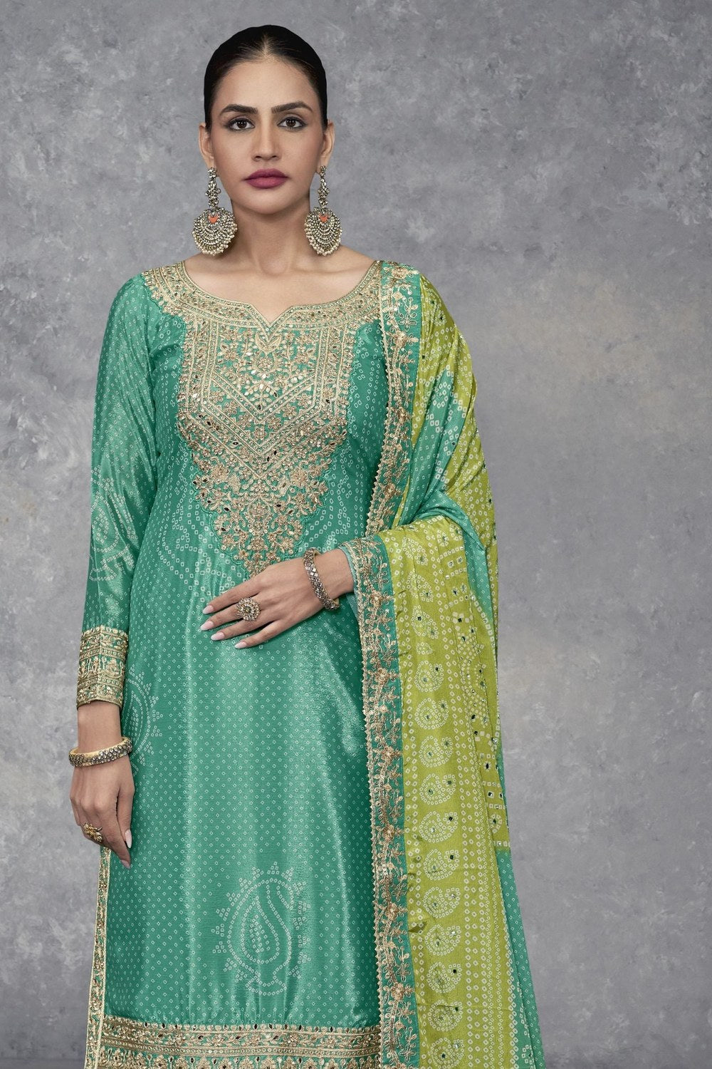 Turquoise Chinon Silk Bandhani Style Pattern Palazzo Suit For Indian Festivals & Weddings - Embroidery Work, Mirror Work, Print Work - close-up view