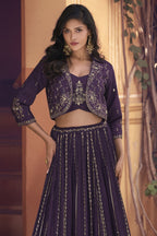 Purple Chinon Silk Lehenga Choli with Koti Jacket For Indian Festivals & Pakistani Weddings - Thread Embroidery Work, Sequence Embroidery Work - close-up view