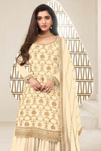 Cream Chinon Jacquard Silk Palazzo Suit For Indian Festivals & Pakistani Plazo Weddings Dress - Embroidery Work RTS - close-up view