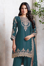 Teal Georgette Kameez With Dhoti Suit For Indian & Pakistani Wedding Festival - Thread & Sequence Embroidery - close-up view