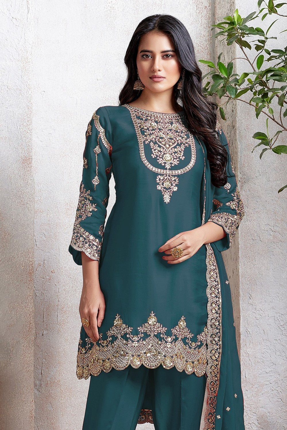 Teal Georgette Kameez With Dhoti Suit For Indian & Pakistani Wedding Festival - Thread & Sequence Embroidery - close-up view