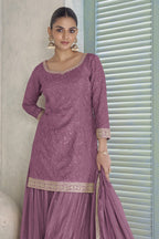 Mauve Chinon Silk Plazo Dress for Women with Thread Embroidery - close-up view