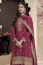 Dark Pink Chinon Silk Palazzo Suit For Indian Wedding & Pakistani Festival - Embroidery Work - close-up view