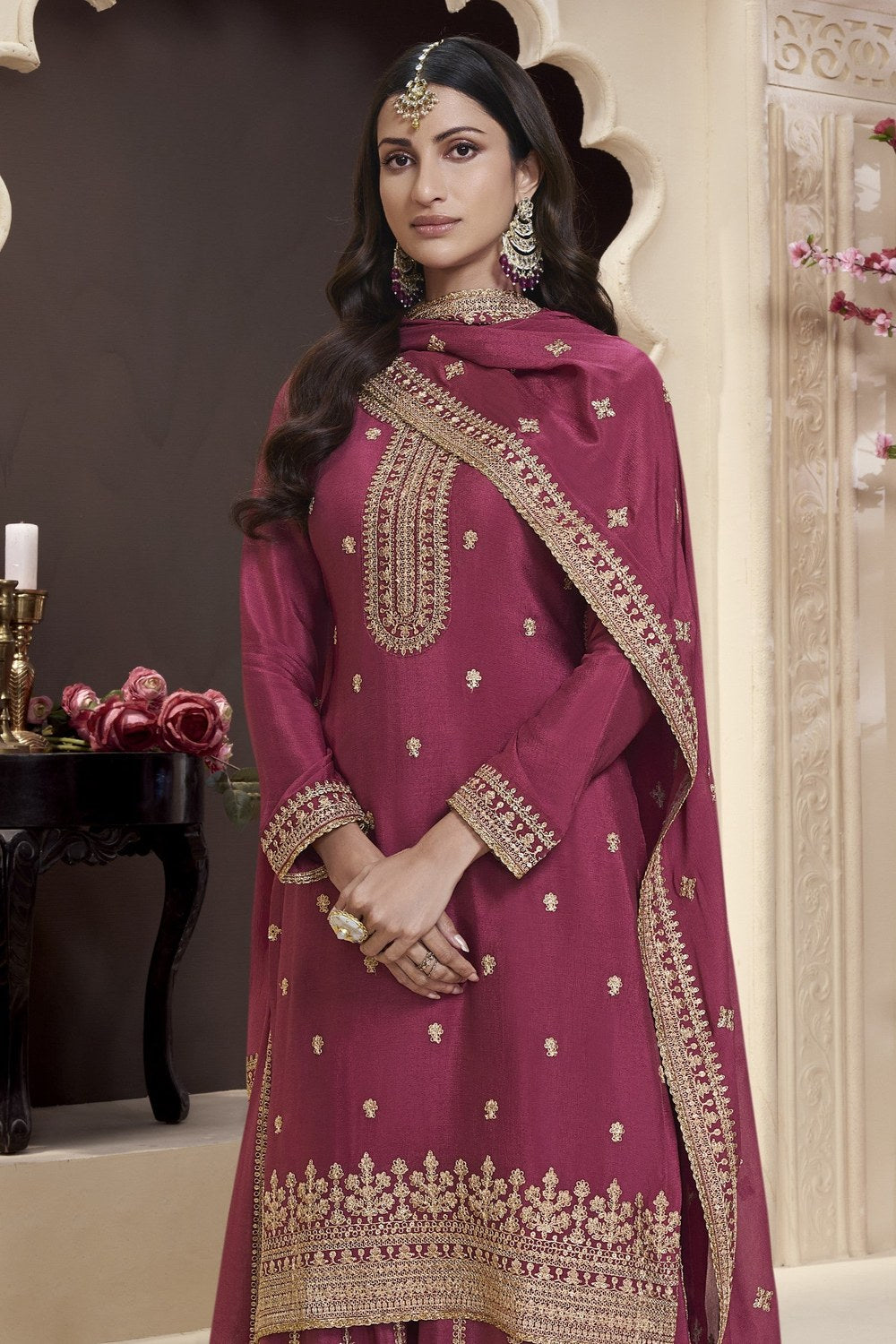 Dark Pink Chinon Silk Palazzo Suit For Indian Wedding & Pakistani Festival - Embroidery Work - close-up view