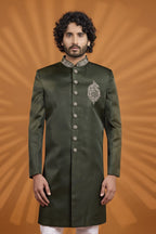 Olive Green Art Silk Kurta Pajama Style Indian Wedding Outfit Man - close-up view